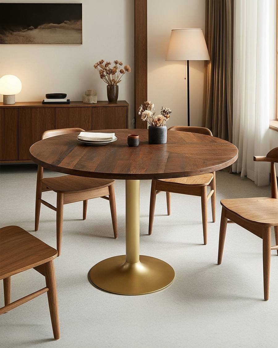 Prague - Table repas ronde en bois massif et pied tulipe doré D110 cm 6 pers - UNIQKA - Image 2