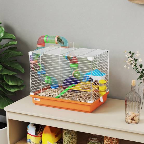 Cage pour hamster avec tunnel, gamelle, biberon, maisonnette, rampe, roue d'exercice, plateau amovible, 46 x 30 x 37 cm, orange - Image 3