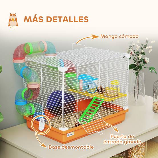 Cage pour hamster avec tunnel, gamelle, biberon, maisonnette, rampe, roue d'exercice, plateau amovible, 46 x 30 x 37 cm, orange - Image 8
