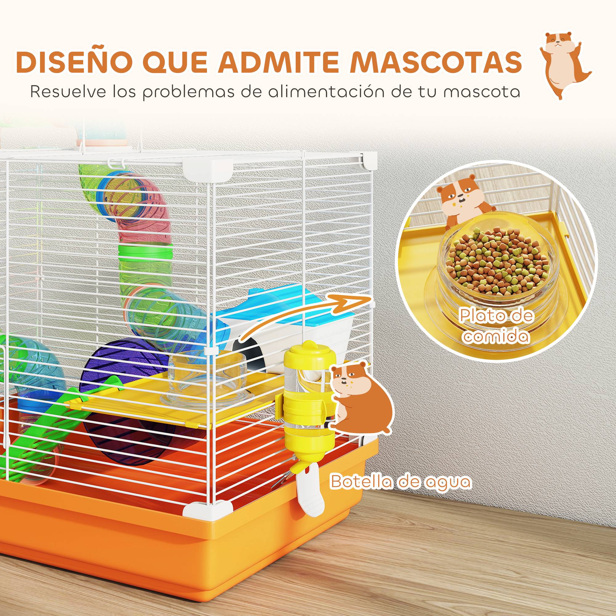Cage pour hamster avec tunnel, gamelle, biberon, maisonnette, rampe, roue d'exercice, plateau amovible, 46 x 30 x 37 cm, orange - Image 7