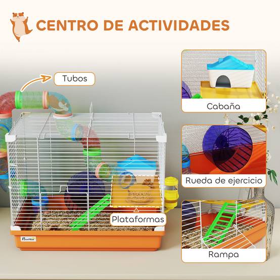 Cage pour hamster avec tunnel, gamelle, biberon, maisonnette, rampe, roue d'exercice, plateau amovible, 46 x 30 x 37 cm, orange - Image 6