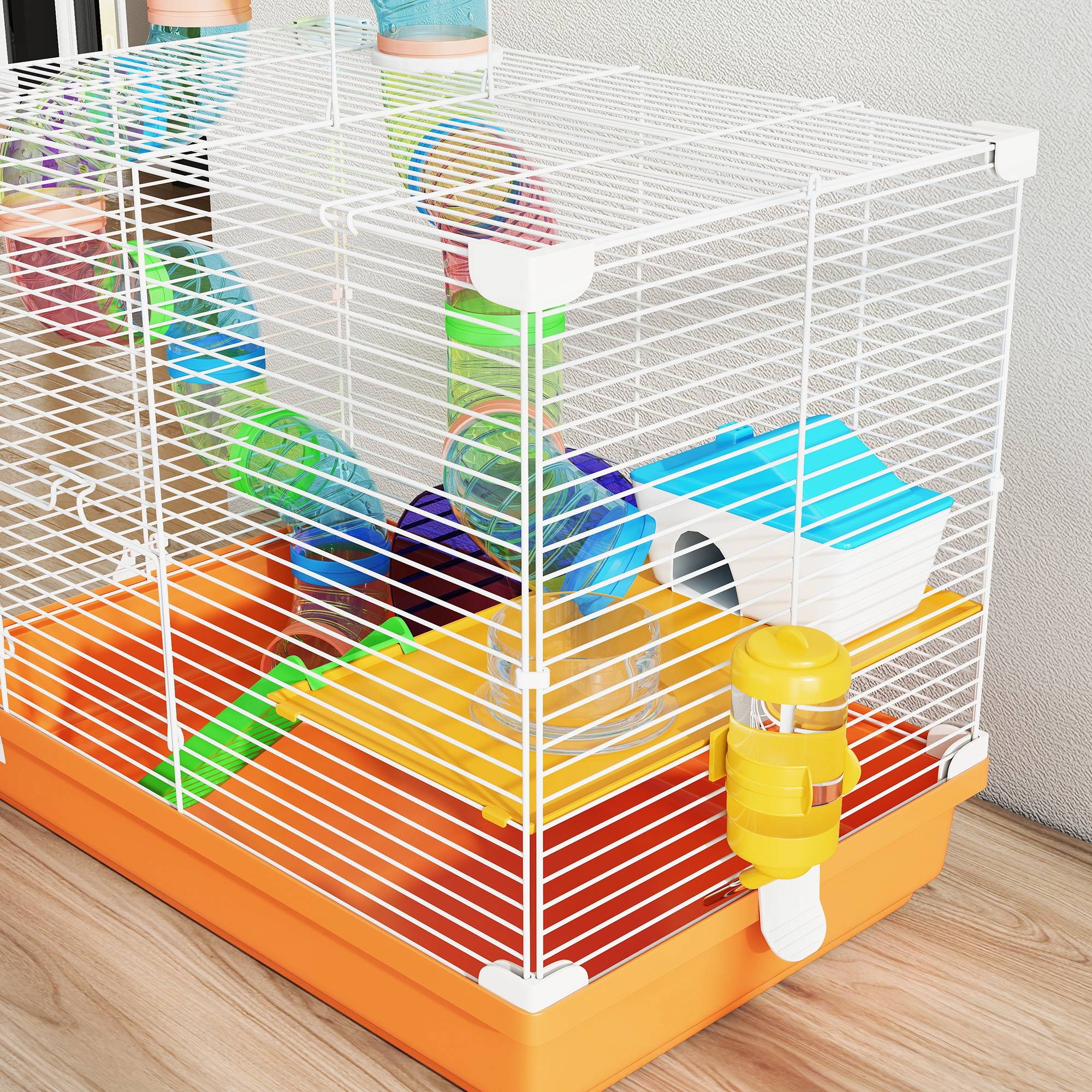 Cage pour hamster avec tunnel, gamelle, biberon, maisonnette, rampe, roue d'exercice, plateau amovible, 46 x 30 x 37 cm, orange - Image 10