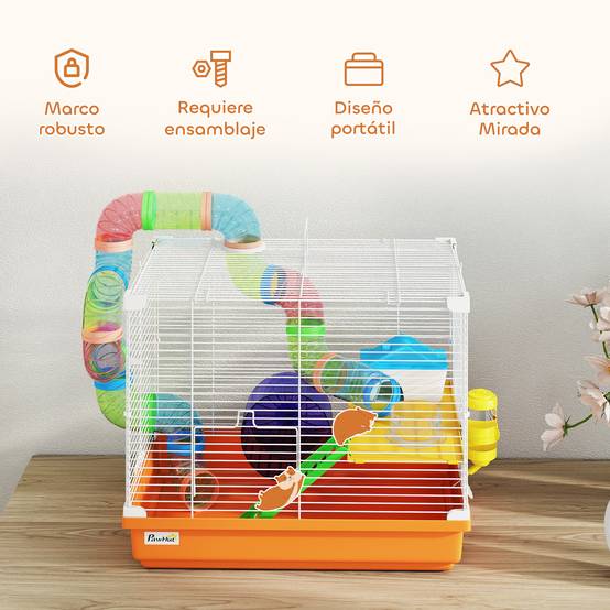 Cage pour hamster avec tunnel, gamelle, biberon, maisonnette, rampe, roue d'exercice, plateau amovible, 46 x 30 x 37 cm, orange - Image 9