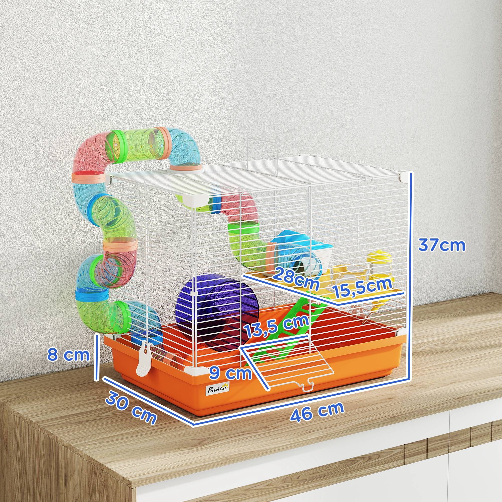 Cage pour hamster avec tunnel, gamelle, biberon, maisonnette, rampe, roue d'exercice, plateau amovible, 46 x 30 x 37 cm, orange - Image 5