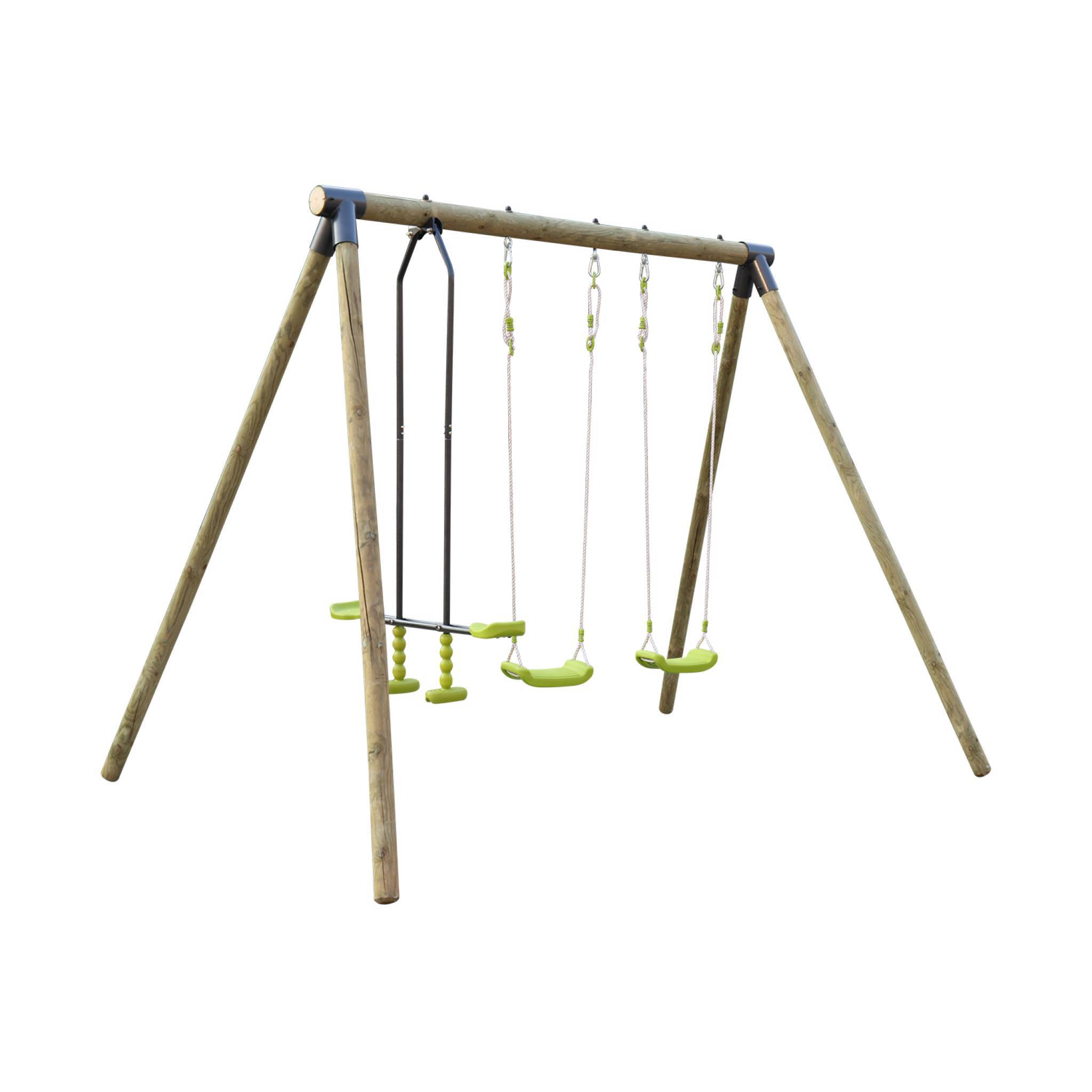 sweeek - Aire de jeux Naroit en bois de pin avec 1 face à face et 2 balançoires  | sweeek