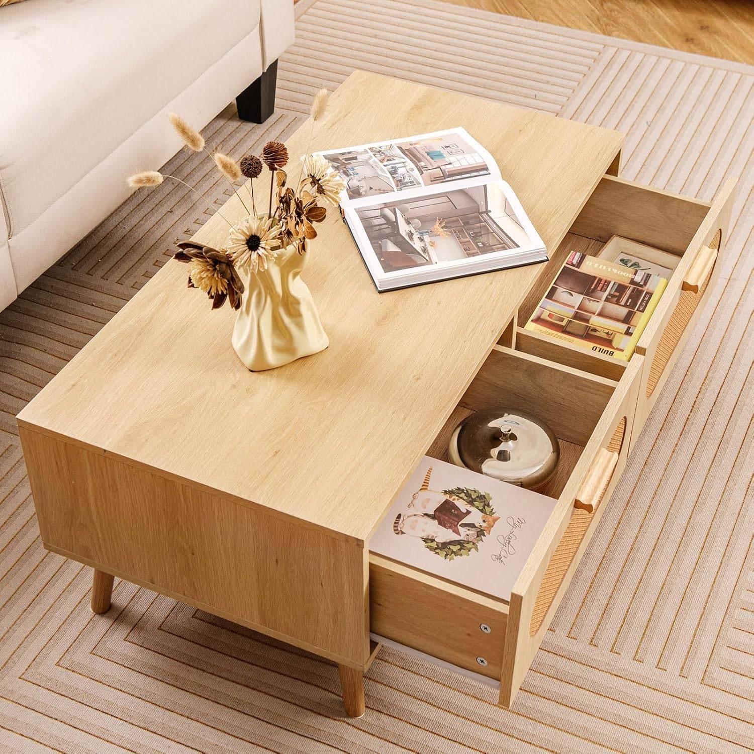 Table basse avec 2 tiroirs et compartiment de rangement central, LED