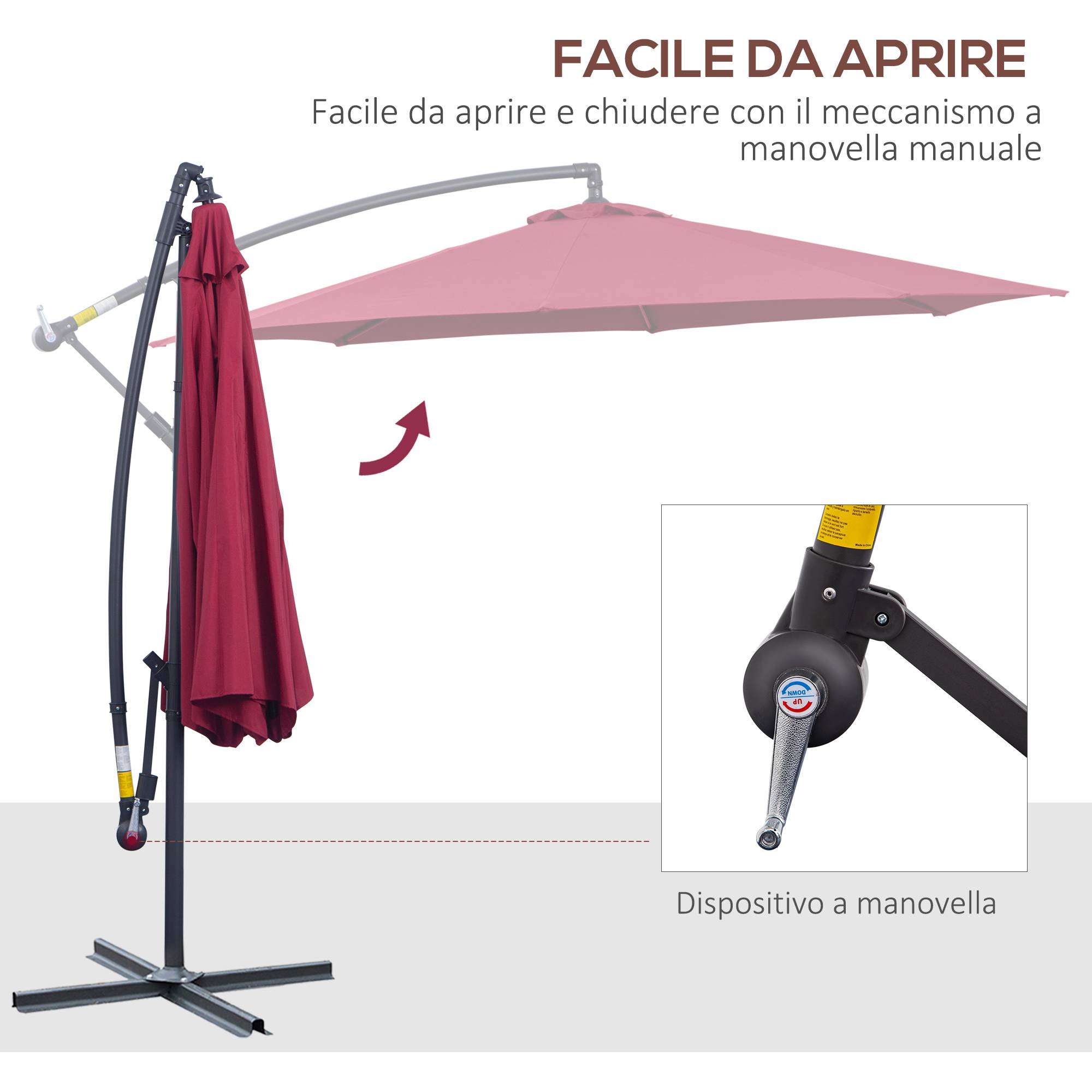 ComfortXL - Parasol déporté rond acier pour terrasse rotation 360 degrés avec manivelle 3 m rouge foncé - ComfortXL Outdoor Living - Image 6