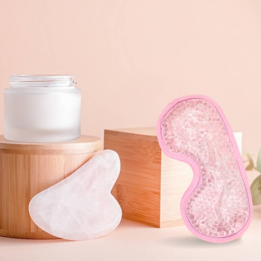 Gua Sha en Quartz Rose Naturel pour Visage et Corps + Masque Yeux Thermothérapie Double utilisation Chaud/Froid - Sun&Sia - Image 1