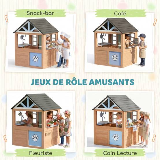 Cabane enfant extérieur en bois, maison enfant extérieure avec chatière, cuisine de jeu, porte et fenêtres, bois naturel - Image 8