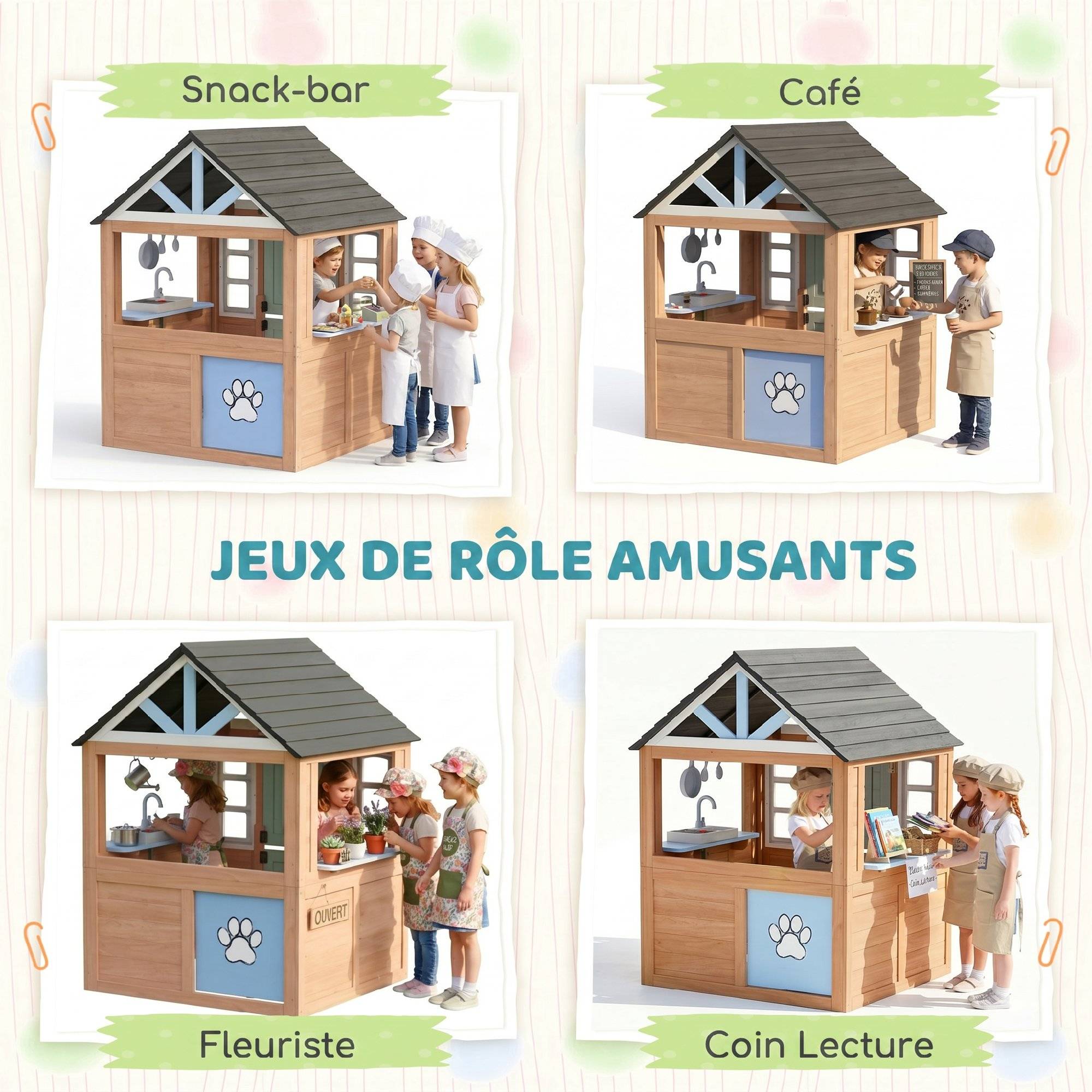 Cabane enfant extérieur en bois, maison enfant extérieure avec chatière, cuisine de jeu, porte et fenêtres, bois naturel - Image 8