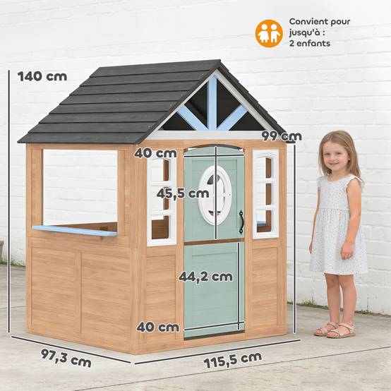 Cabane enfant extérieur en bois, maison enfant extérieure avec chatière, cuisine de jeu, porte et fenêtres, bois naturel - Image 5
