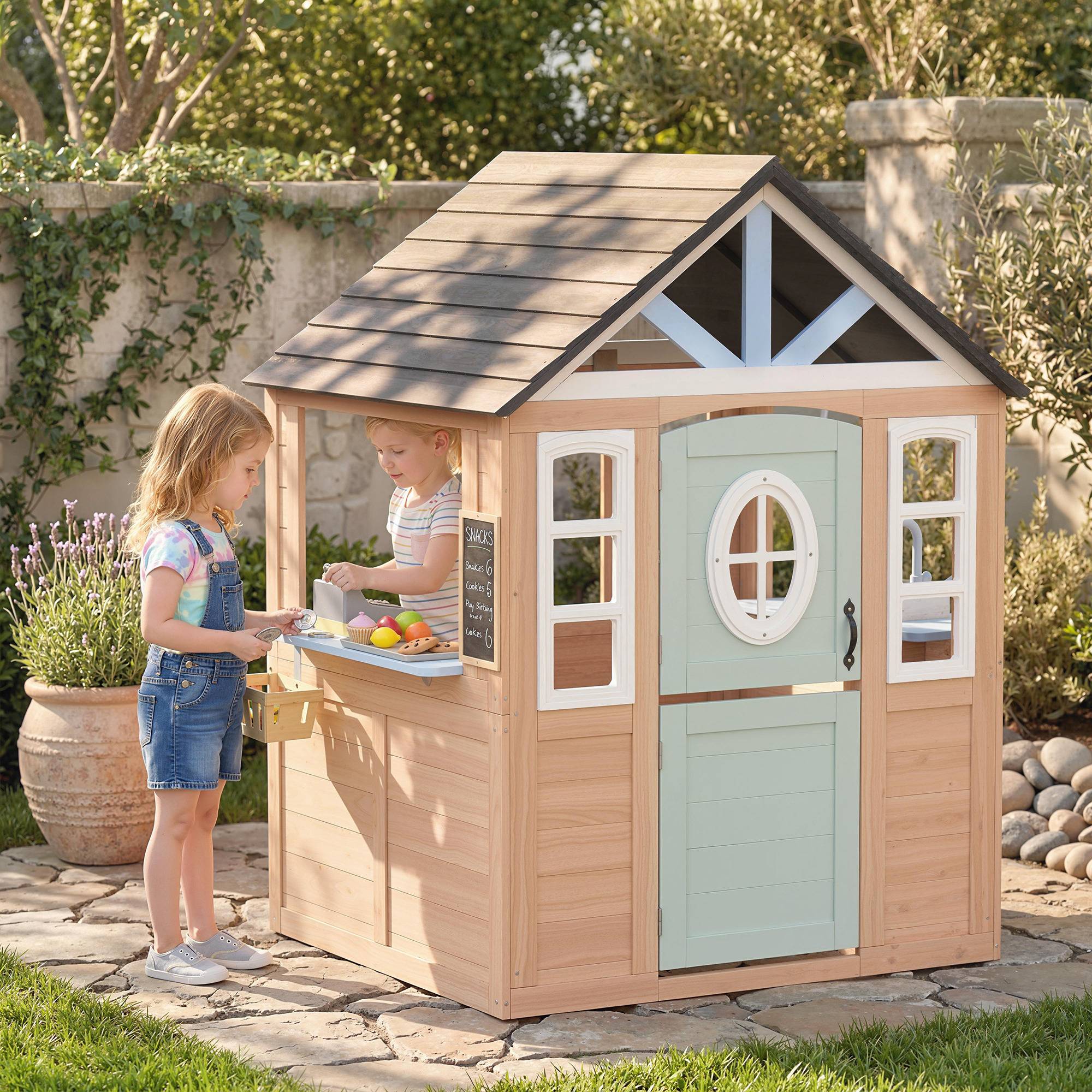 Cabane enfant extérieur en bois, maison enfant extérieure avec chatière, cuisine de jeu, porte et fenêtres, bois naturel - Image 4