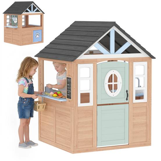 Cabane enfant extérieur en bois, maison enfant extérieure avec chatière, cuisine de jeu, porte et fenêtres, bois naturel - Image 1