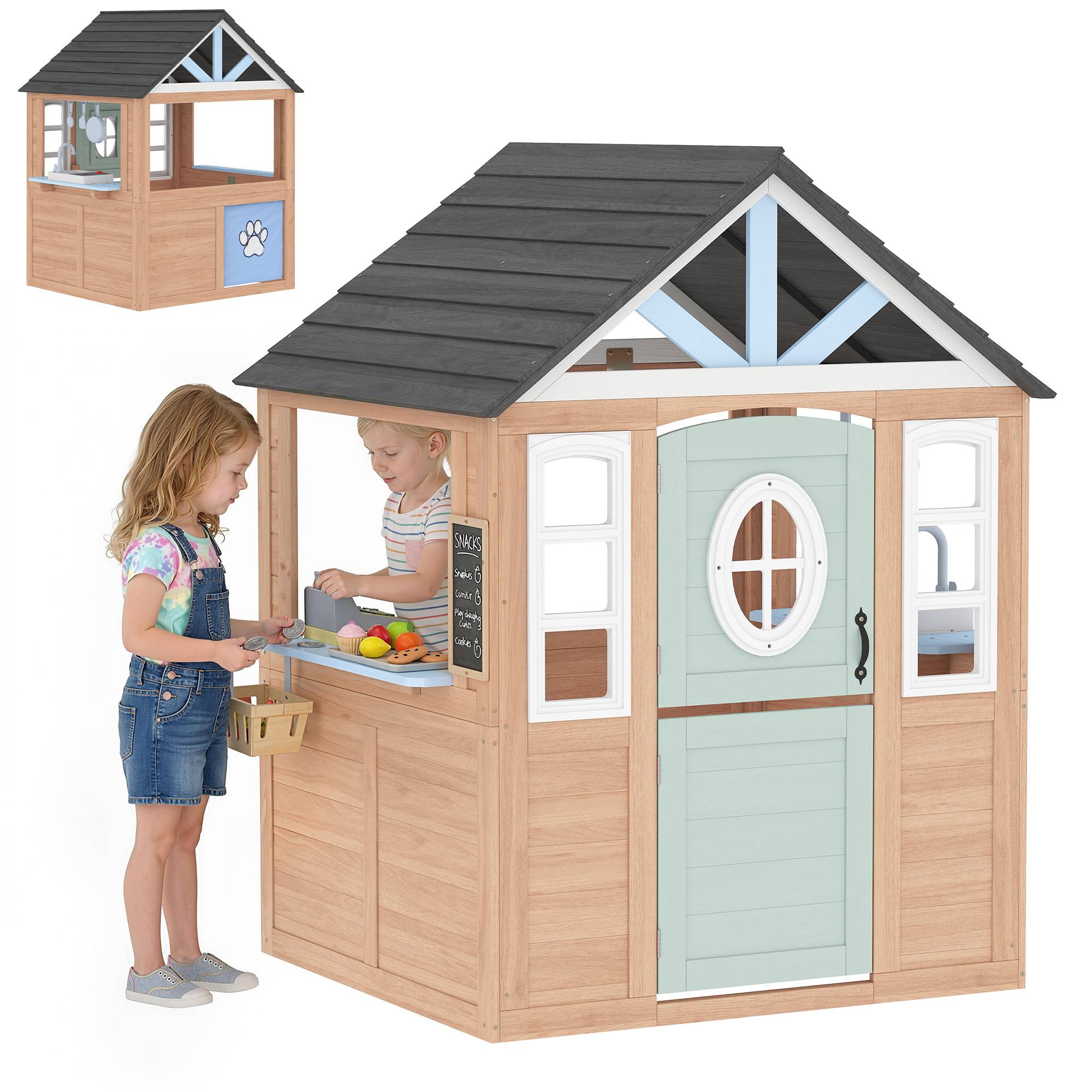Cabane enfant extérieur en bois, maison enfant extérieure avec chatière, cuisine de jeu, porte et fenêtres, bois naturel - Image 1