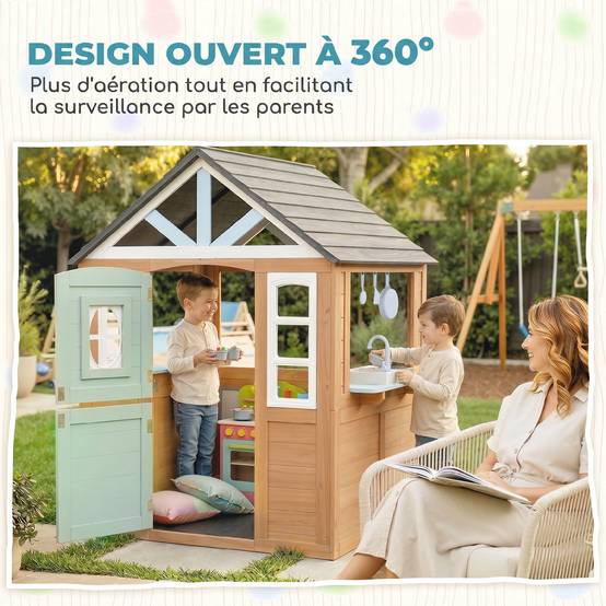 Cabane enfant extérieur en bois, maison enfant extérieure avec chatière, cuisine de jeu, porte et fenêtres, bois naturel - Image 9