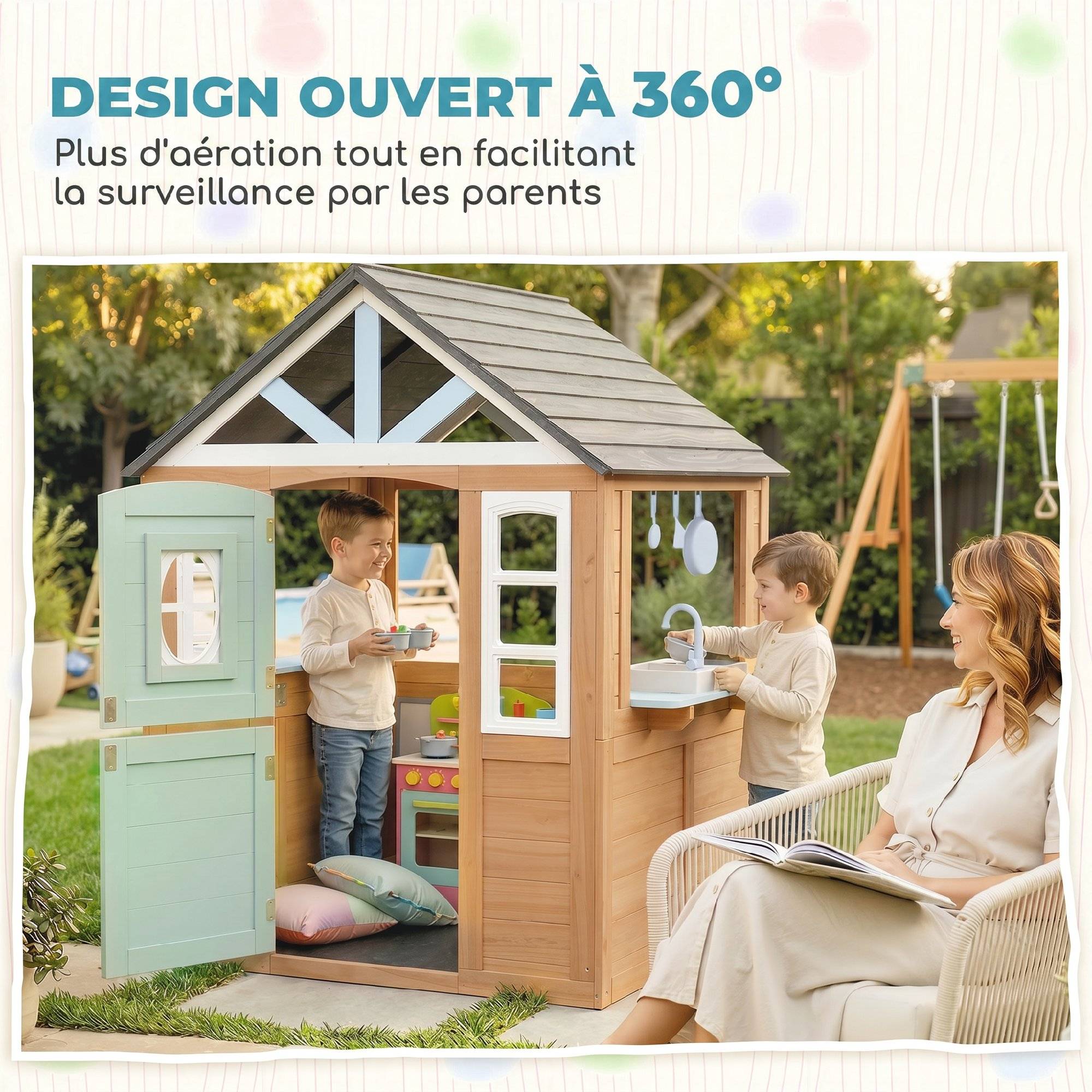 Cabane enfant extérieur en bois, maison enfant extérieure avec chatière, cuisine de jeu, porte et fenêtres, bois naturel - Image 9