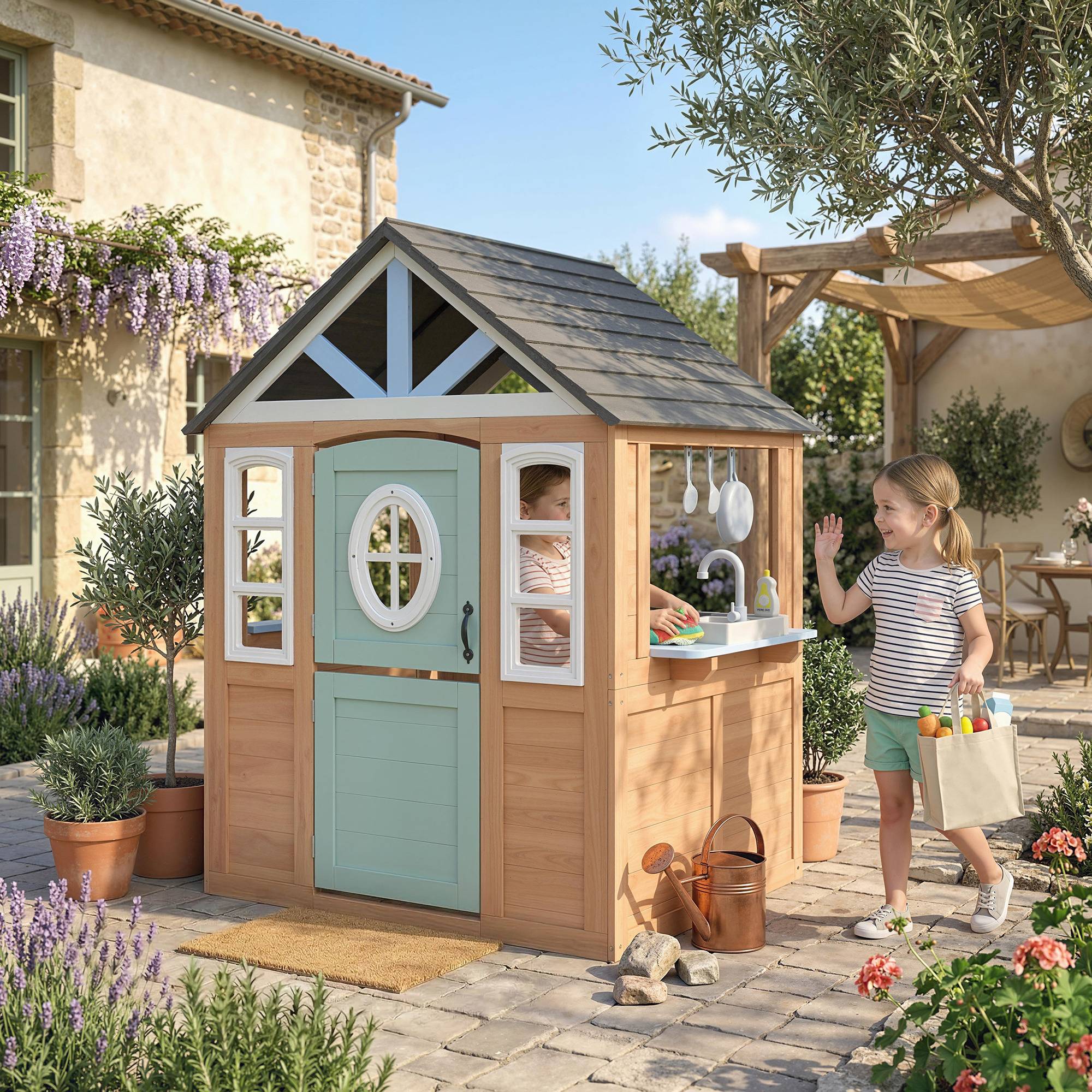 Cabane enfant extérieur en bois, maison enfant extérieure avec chatière, cuisine de jeu, porte et fenêtres, bois naturel - Image 3