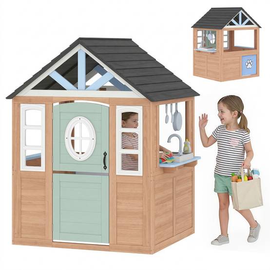 Cabane enfant extérieur en bois, maison enfant extérieure avec chatière, cuisine de jeu, porte et fenêtres, bois naturel - Image 2