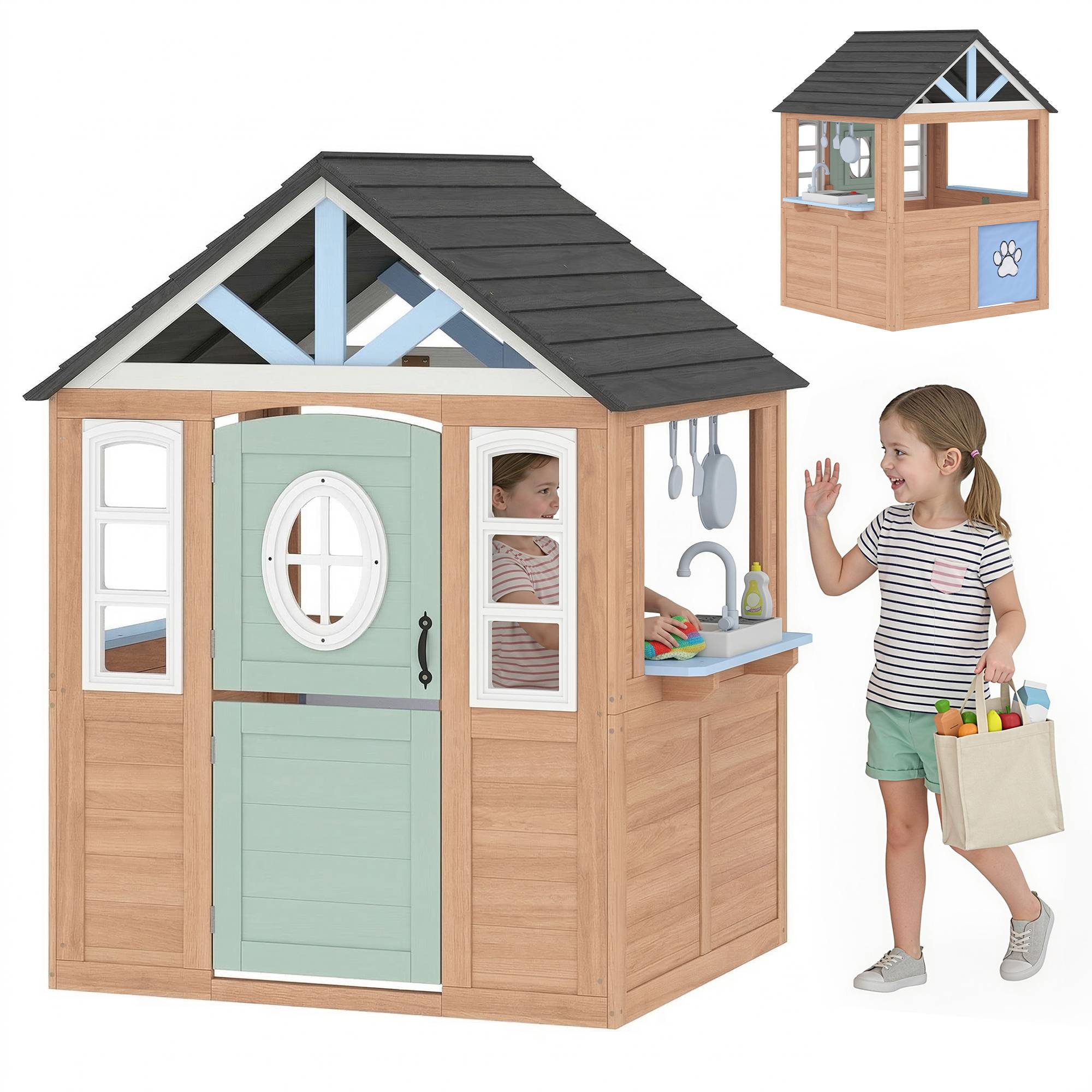 Cabane enfant extérieur en bois, maison enfant extérieure avec chatière, cuisine de jeu, porte et fenêtres, bois naturel - Image 2