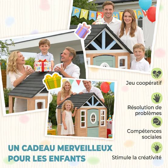 Cabane enfant extérieur en bois, maison enfant extérieure avec chatière, cuisine de jeu, porte et fenêtres, bois naturel - Image 10
