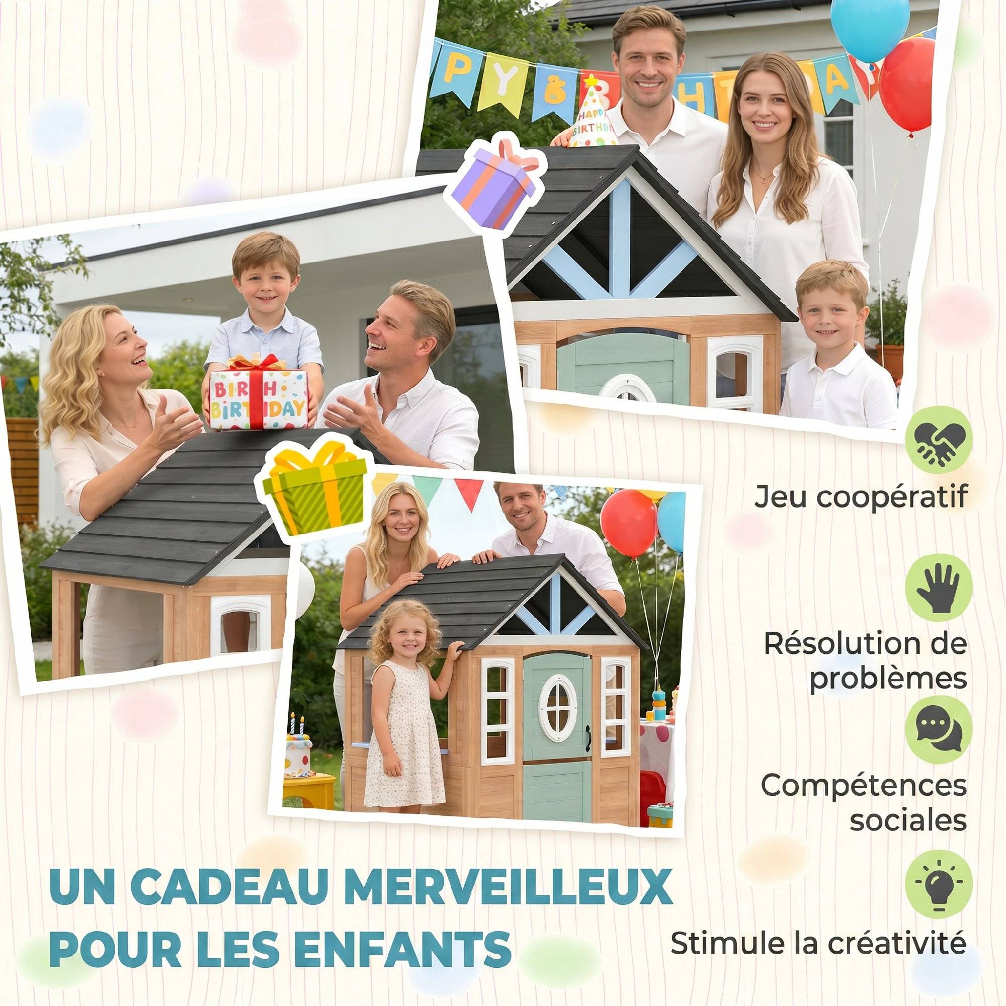 Cabane enfant extérieur en bois, maison enfant extérieure avec chatière, cuisine de jeu, porte et fenêtres, bois naturel - Image 10