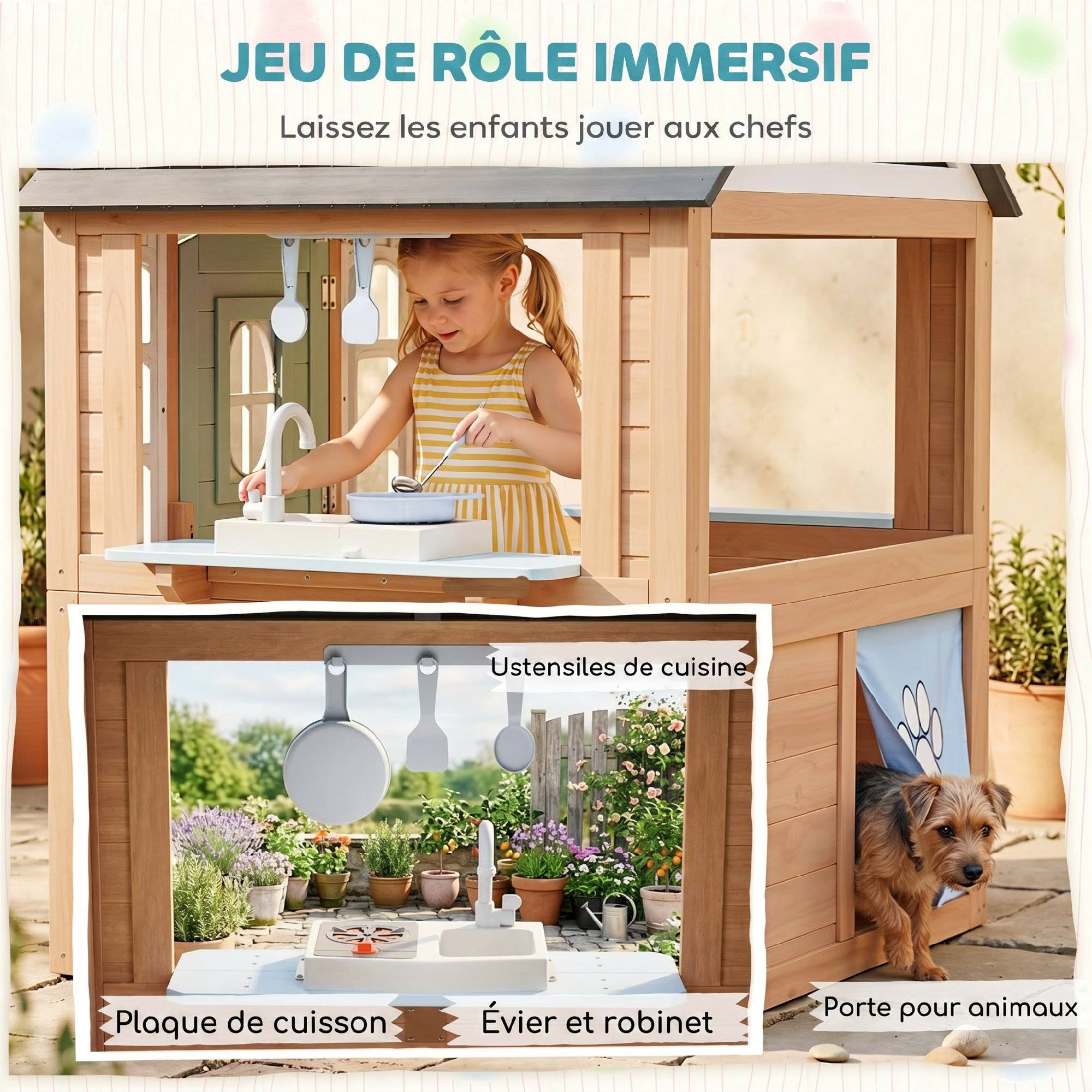 Cabane enfant extérieur en bois, maison enfant extérieure avec chatière, cuisine de jeu, porte et fenêtres, bois naturel - Image 6
