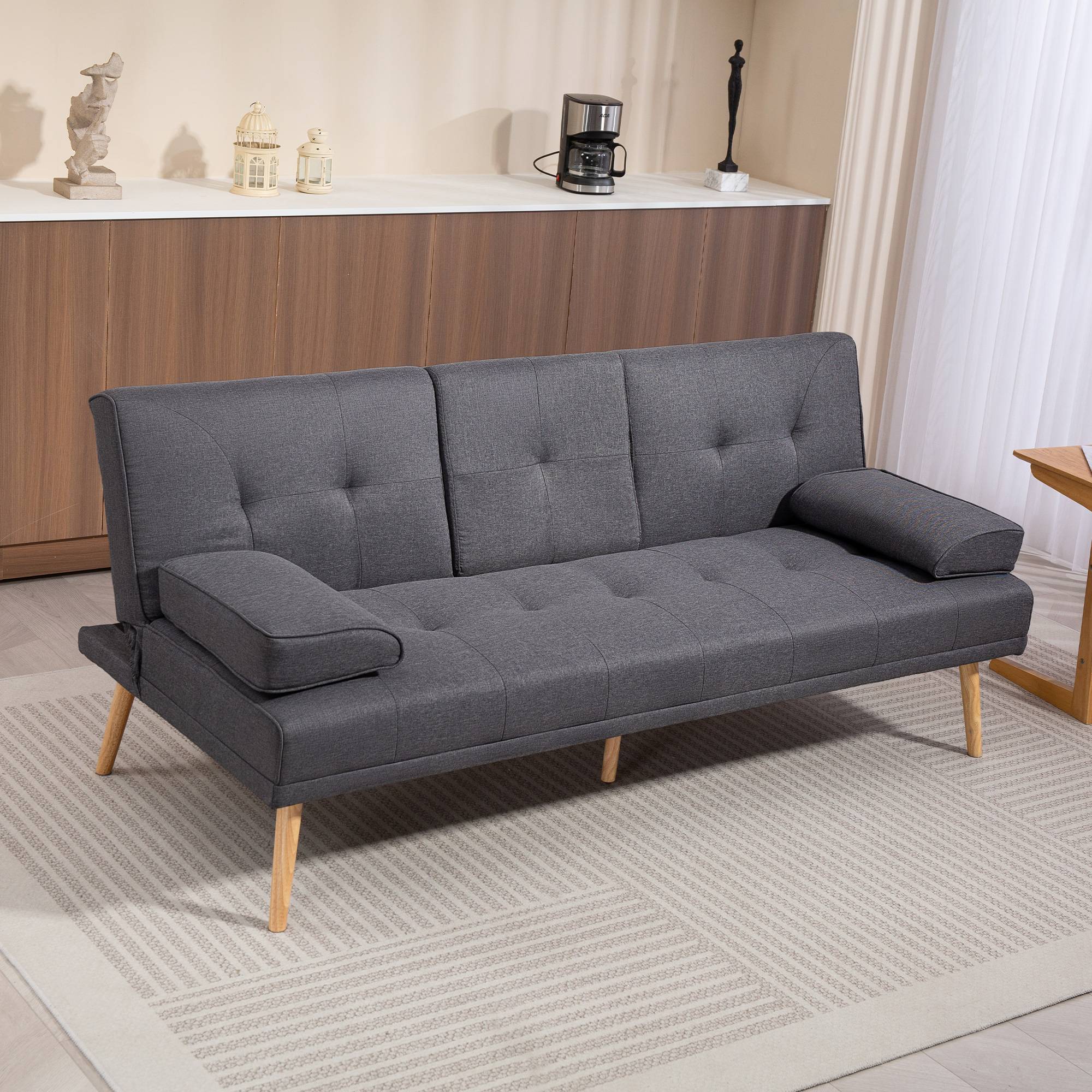 Canapé convertible 3 places en lin gris foncé, dossier réglable 3 positions, 2 coussins, 2 porte-gobelets, rembourré, salon, chambre d'amis - Image 3