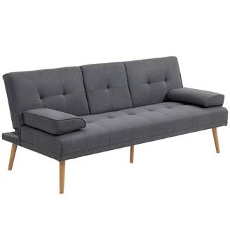 Canapé convertible 3 places en lin gris foncé, dossier réglable 3 positions, 2 coussins, 2 porte-gobelets, rembourré, salon, chambre d'amis