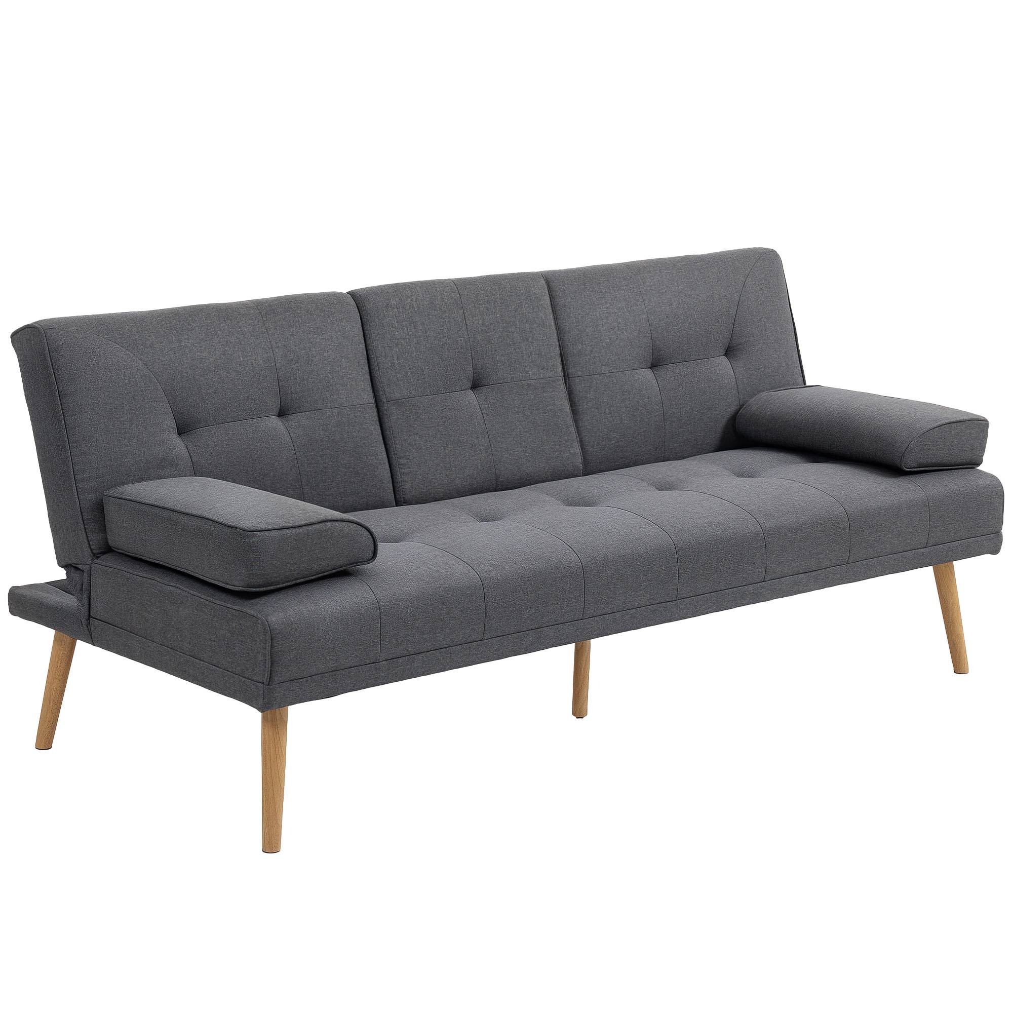 Canapé convertible 3 places en lin gris foncé, dossier réglable 3 positions, 2 coussins, 2 porte-gobelets, rembourré, salon, chambre d'amis - Image 1