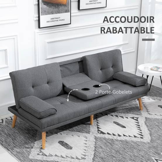 Canapé convertible 3 places en lin gris foncé, dossier réglable 3 positions, 2 coussins, 2 porte-gobelets, rembourré, salon, chambre d'amis - Image 9