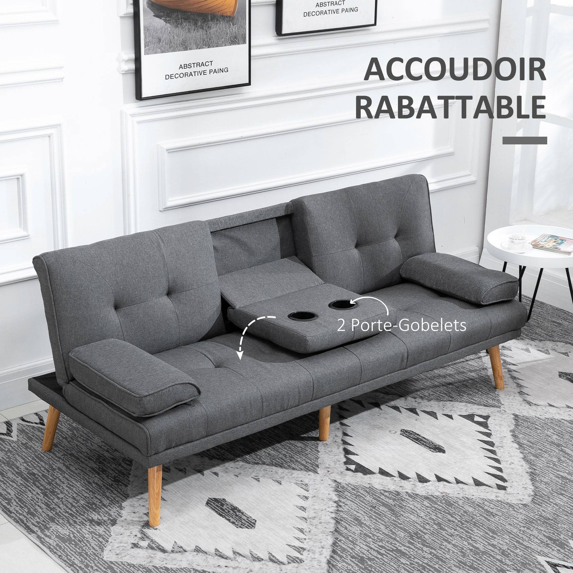 Canapé convertible 3 places en lin gris foncé, dossier réglable 3 positions, 2 coussins, 2 porte-gobelets, rembourré, salon, chambre d'amis - Image 9