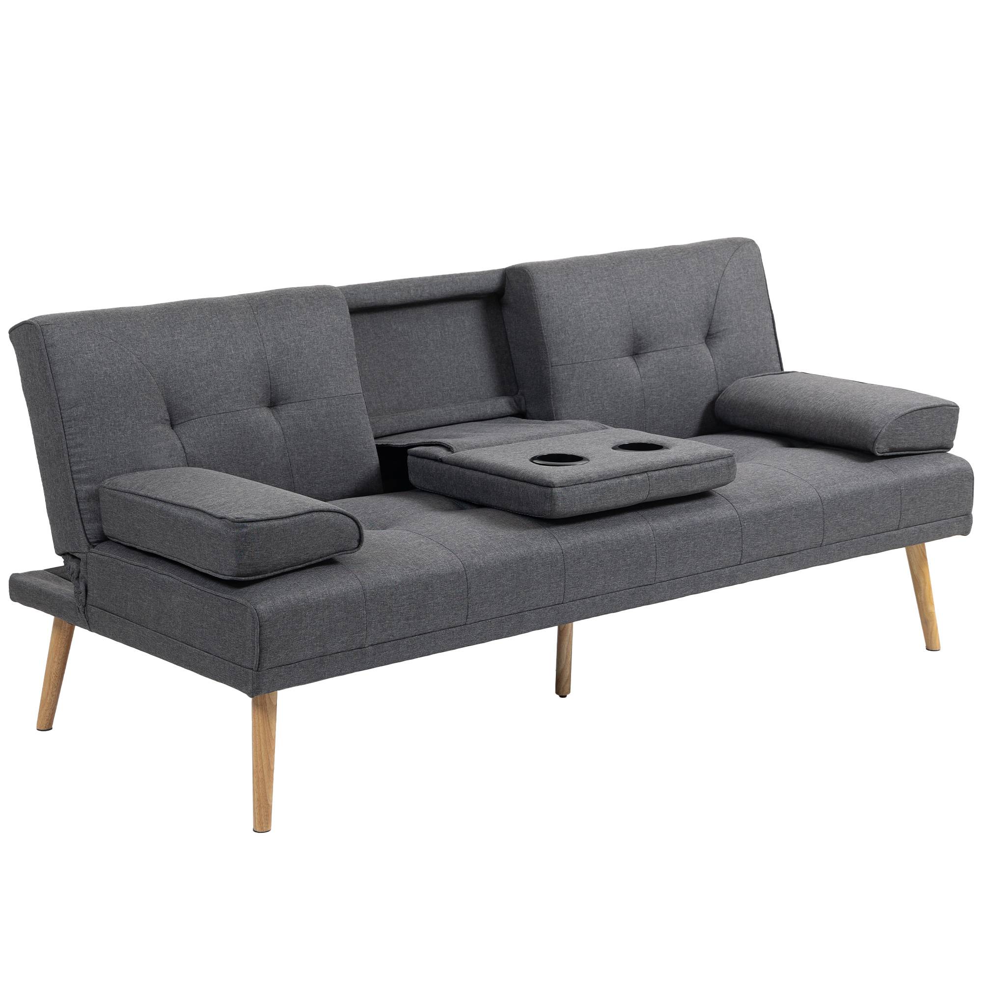 Canapé convertible 3 places en lin gris foncé, dossier réglable 3 positions, 2 coussins, 2 porte-gobelets, rembourré, salon, chambre d'amis - Image 2