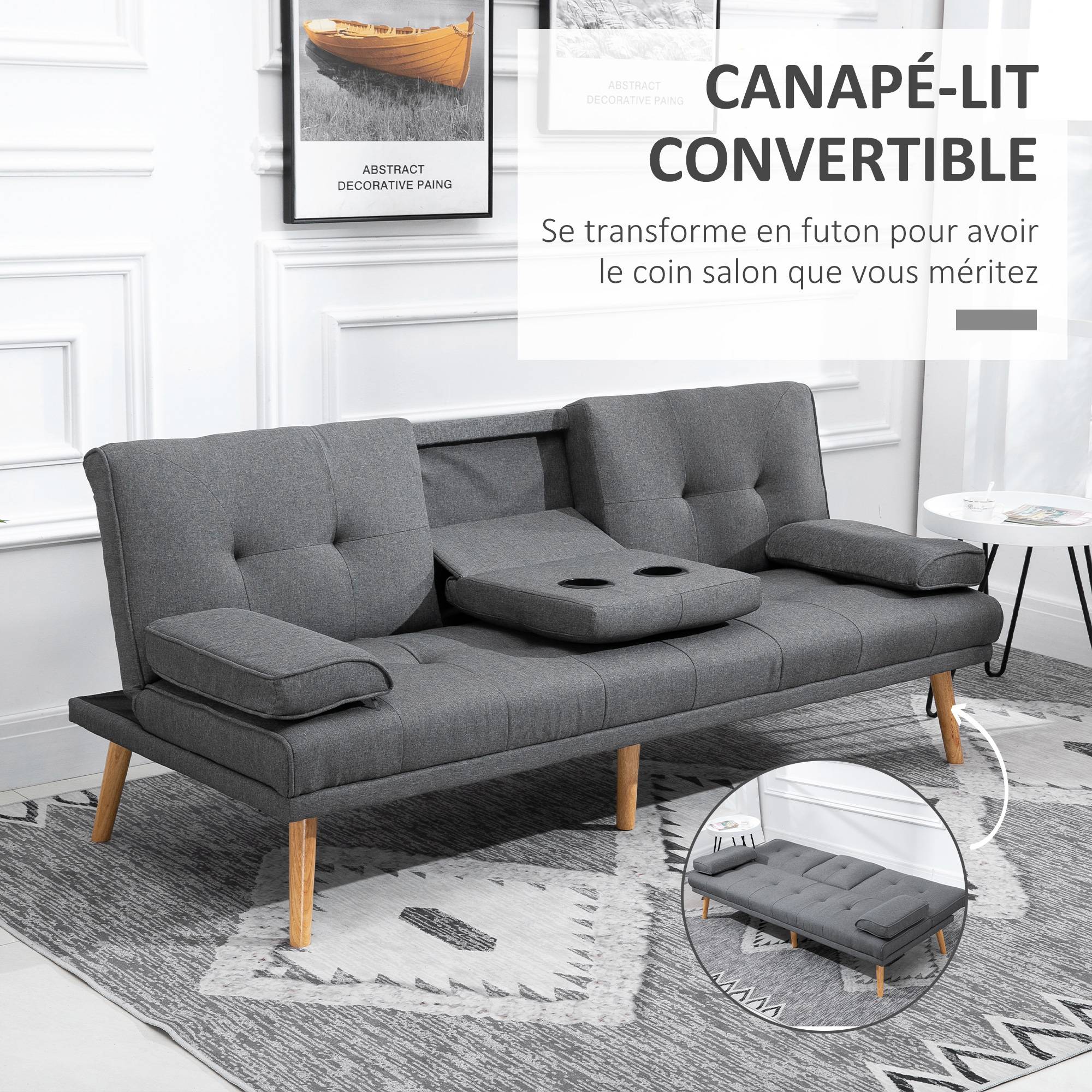 Canapé convertible 3 places en lin gris foncé, dossier réglable 3 positions, 2 coussins, 2 porte-gobelets, rembourré, salon, chambre d'amis - Image 6