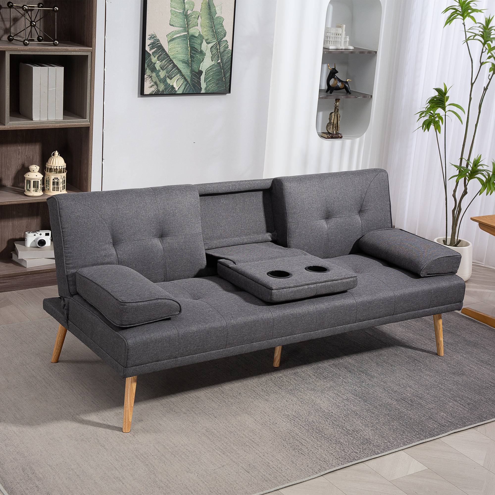 Canapé convertible 3 places en lin gris foncé, dossier réglable 3 positions, 2 coussins, 2 porte-gobelets, rembourré, salon, chambre d'amis - Image 4