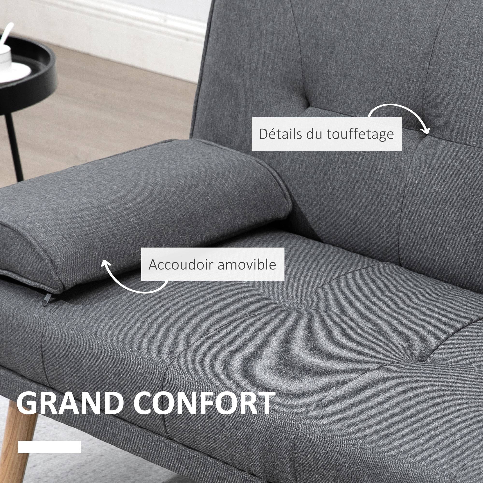 Canapé convertible 3 places en lin gris foncé, dossier réglable 3 positions, 2 coussins, 2 porte-gobelets, rembourré, salon, chambre d'amis - Image 8