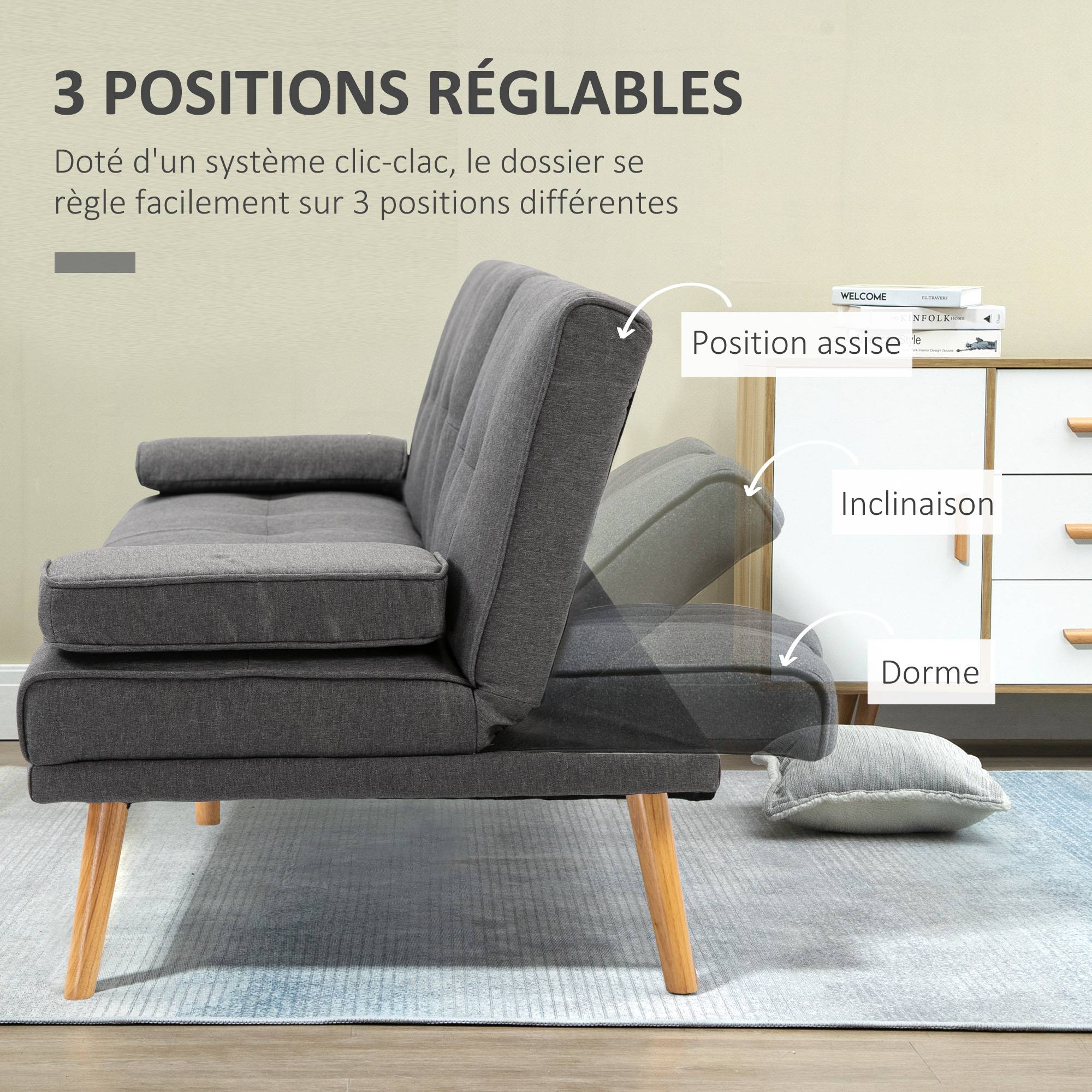 Canapé convertible 3 places en lin gris foncé, dossier réglable 3 positions, 2 coussins, 2 porte-gobelets, rembourré, salon, chambre d'amis - Image 7