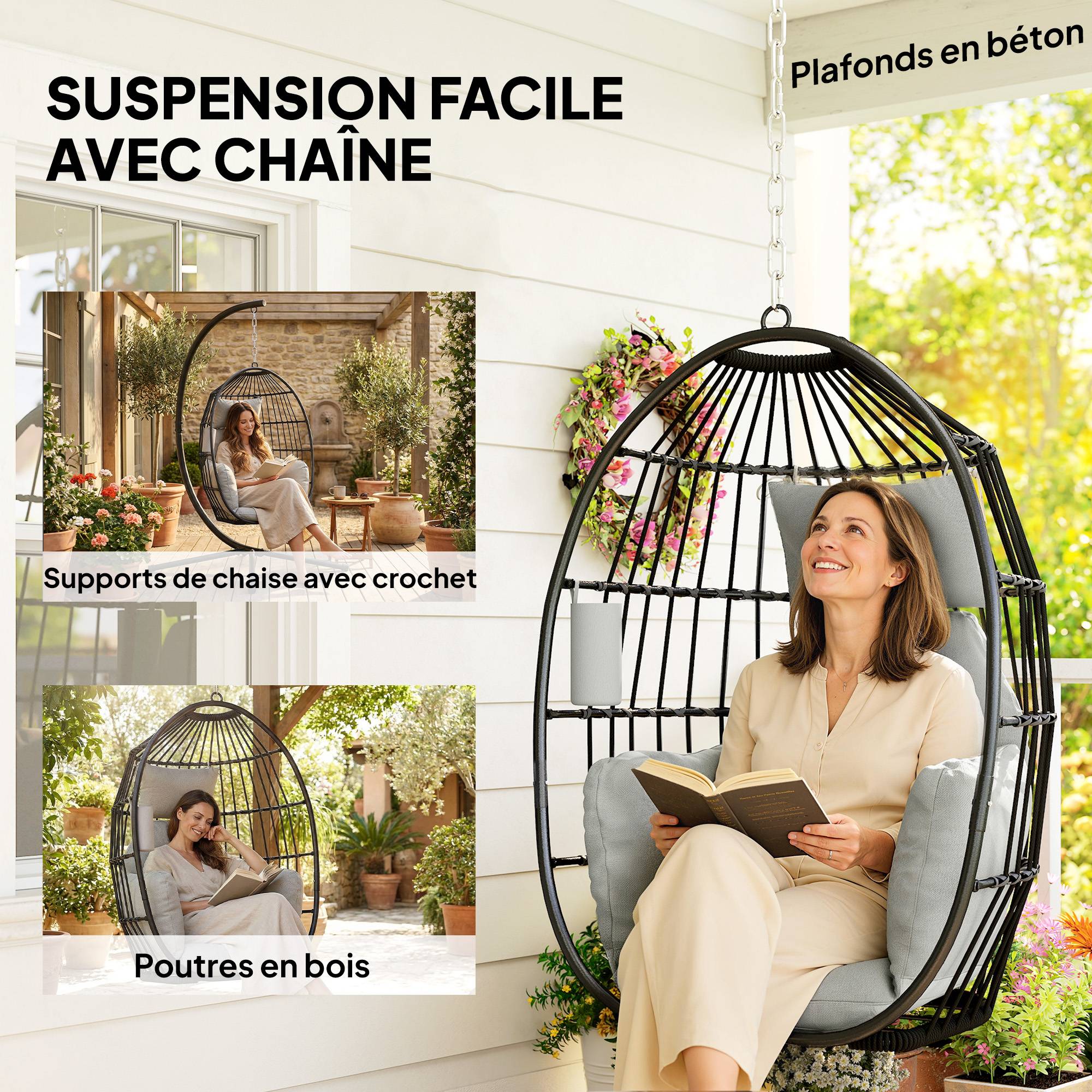 Sans Marque - Fauteuil suspendu, fauteuil œuf suspendu, panier pliable, coussins rembourrés, porte-gobelet, oreiller, gris foncé - Image 10