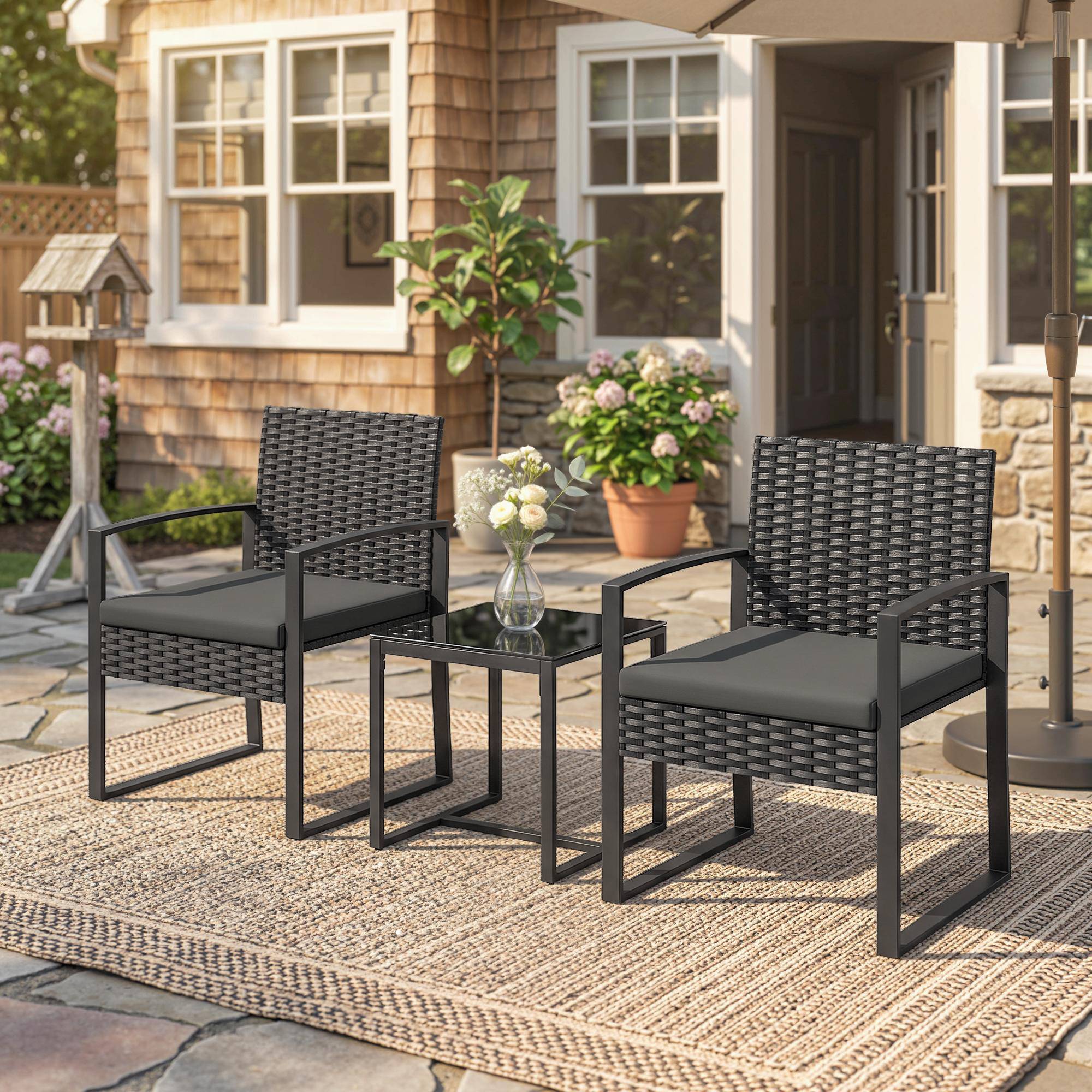 Salon de jardin extérieur en résine tressée 2 personnes, table de jardin avec 2 chaises, plateau en verre trempé, noir - Image 4