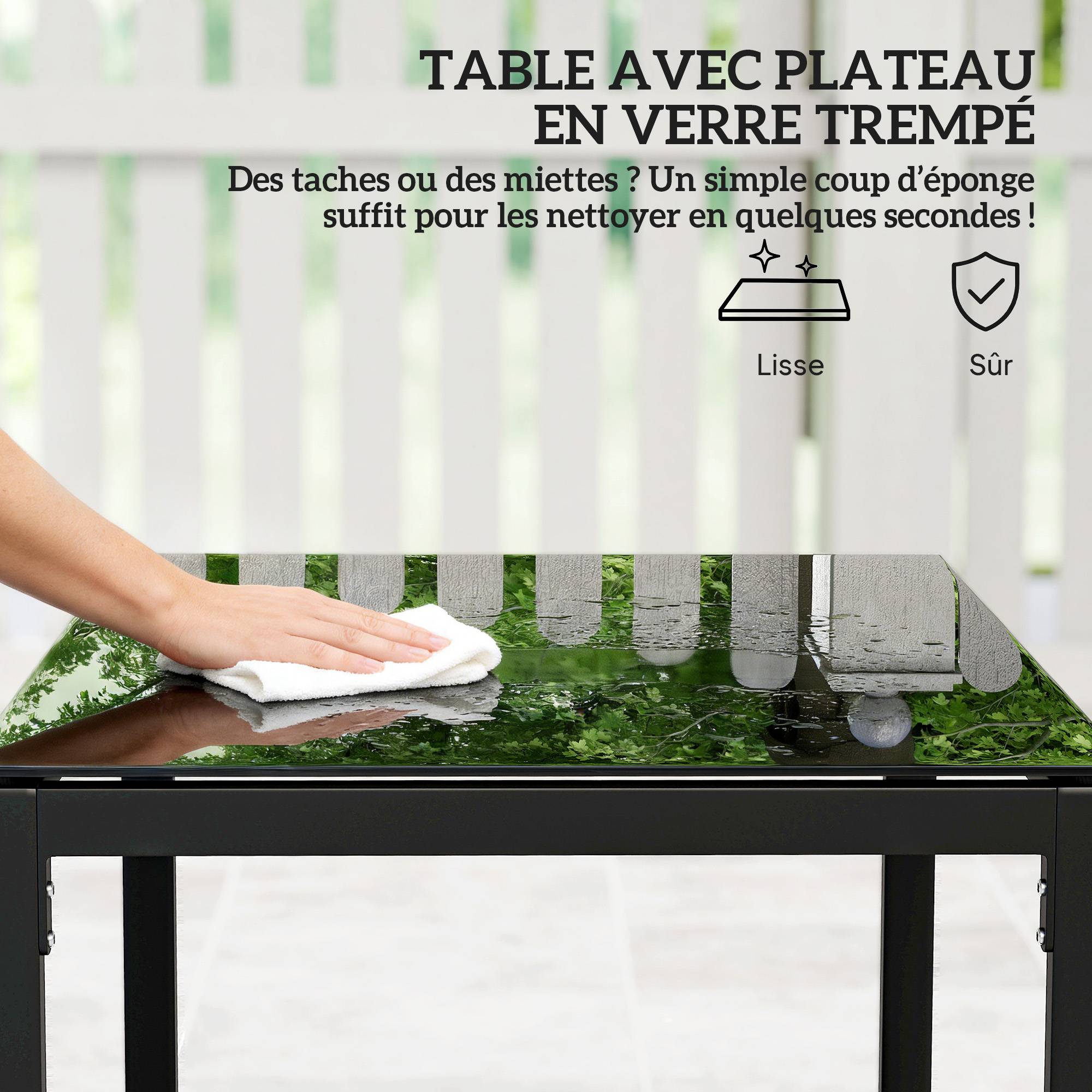 Salon de jardin extérieur en résine tressée 2 personnes, table de jardin avec 2 chaises, plateau en verre trempé, noir - Image 9