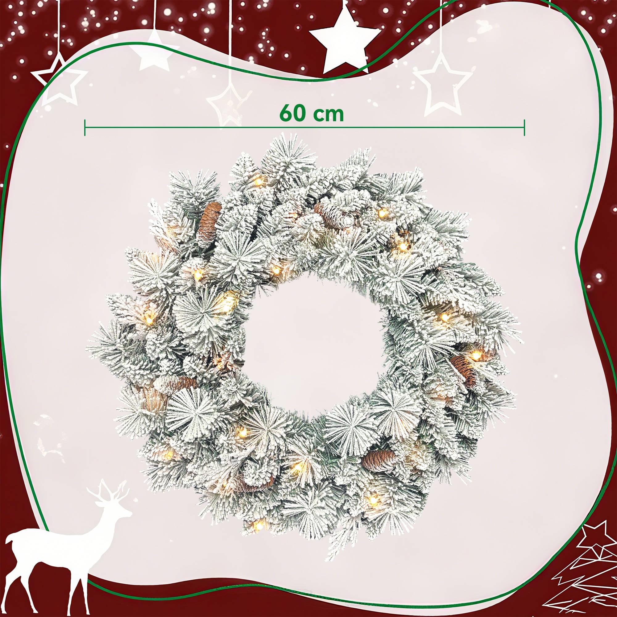 Sans Marque - Couronne de Noël lumineuse 60 cm avec 35 LED blanc chaud, minuterie, 98 pointes, pommes de pin, vert et blanc - Image 5