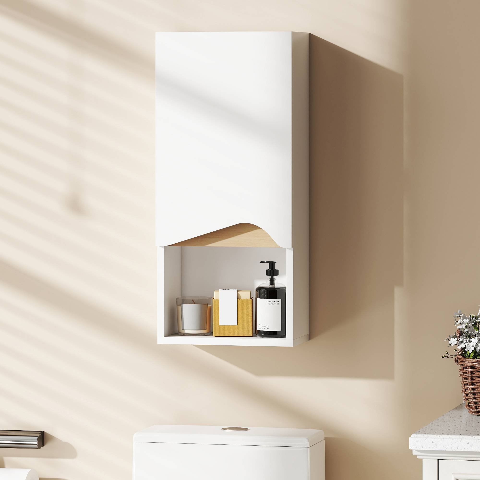 Sans Marque - Armoire murale salle bain porte fermeture douce étagère réglable compartiment ouvert 30x17x67cm blanc - Image 4