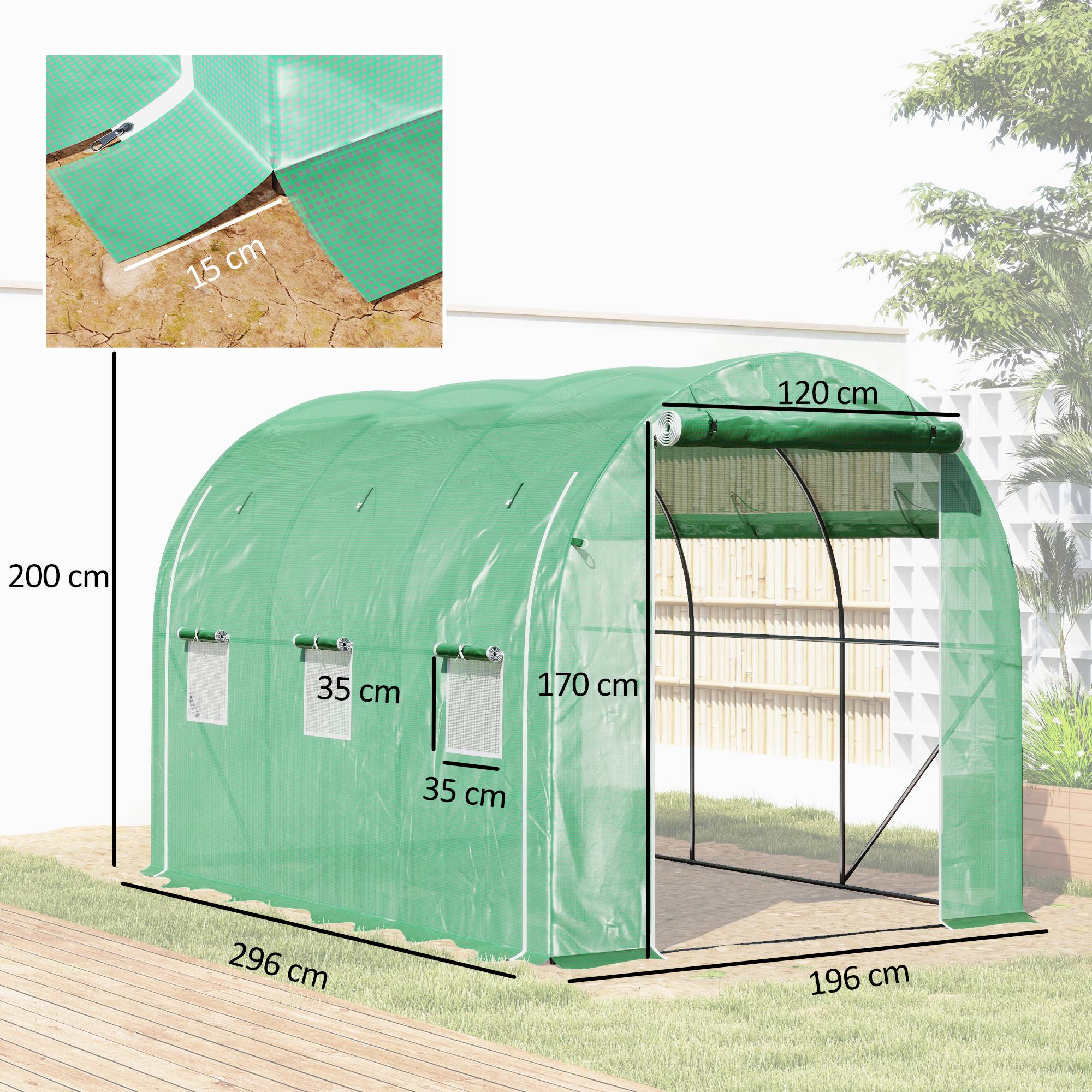 Serre tunnel de jardin 6 m² 3 x 2 m avec 1 porte + 2 parois latérales zippées enroulables, 6 fenêtres, vert - Image 5