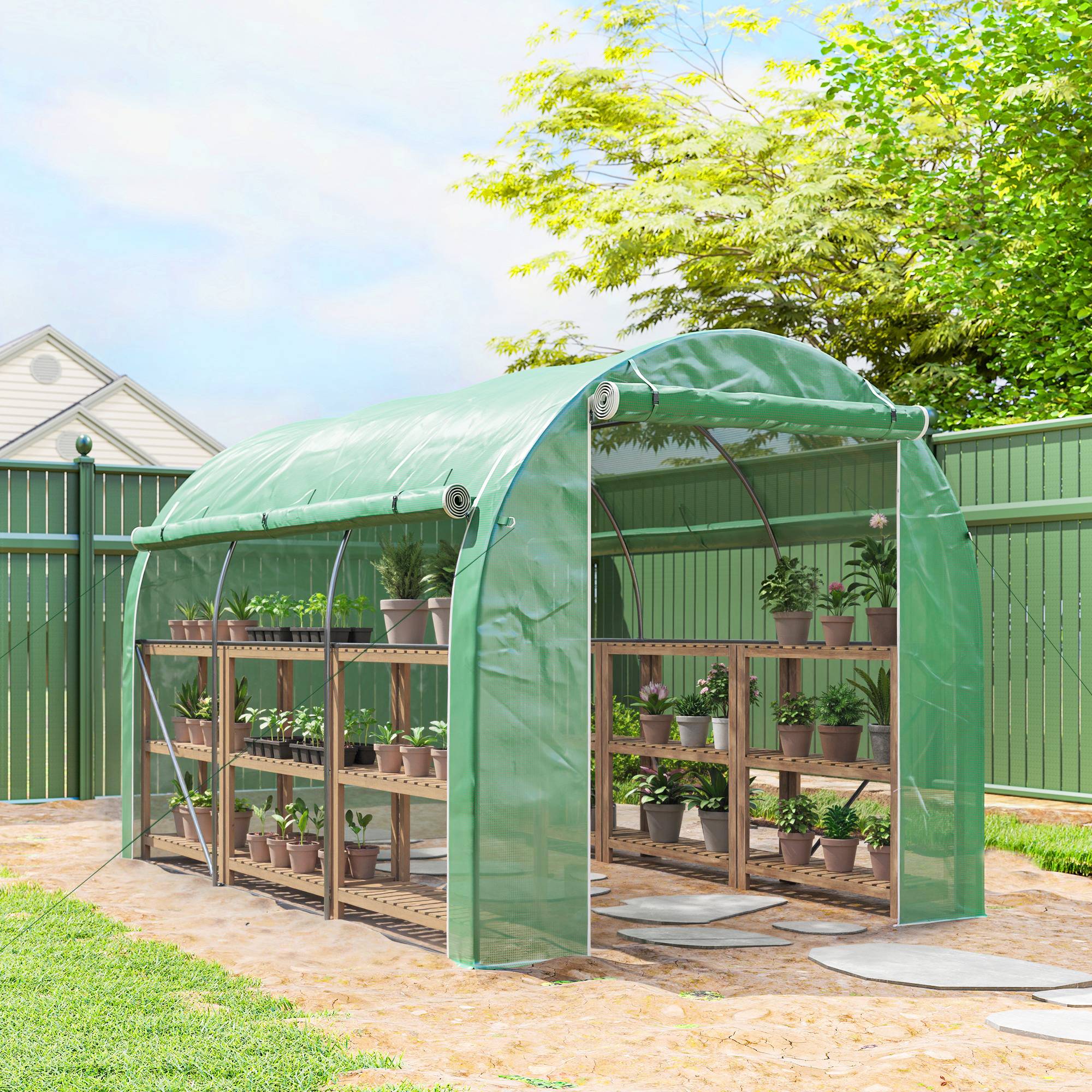Serre tunnel de jardin 6 m² 3 x 2 m avec 1 porte + 2 parois latérales zippées enroulables, 6 fenêtres, vert - Image 4