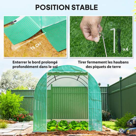 Serre tunnel de jardin 6 m² 3 x 2 m avec 1 porte + 2 parois latérales zippées enroulables, 6 fenêtres, vert - Image 9