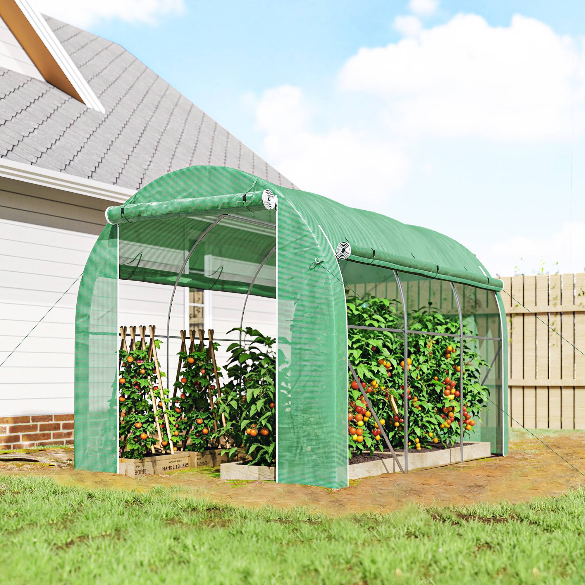 Serre tunnel de jardin 6 m² 3 x 2 m avec 1 porte + 2 parois latérales zippées enroulables, 6 fenêtres, vert - Image 3