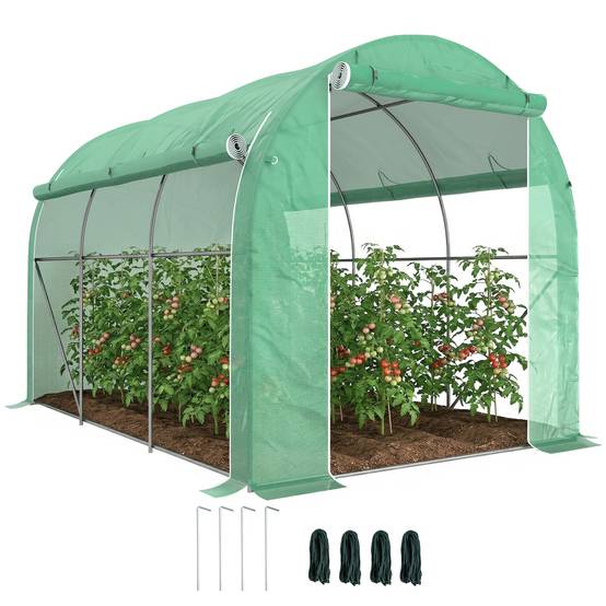Serre tunnel de jardin 6 m² 3 x 2 m avec 1 porte + 2 parois latérales zippées enroulables, 6 fenêtres, vert - Image 1