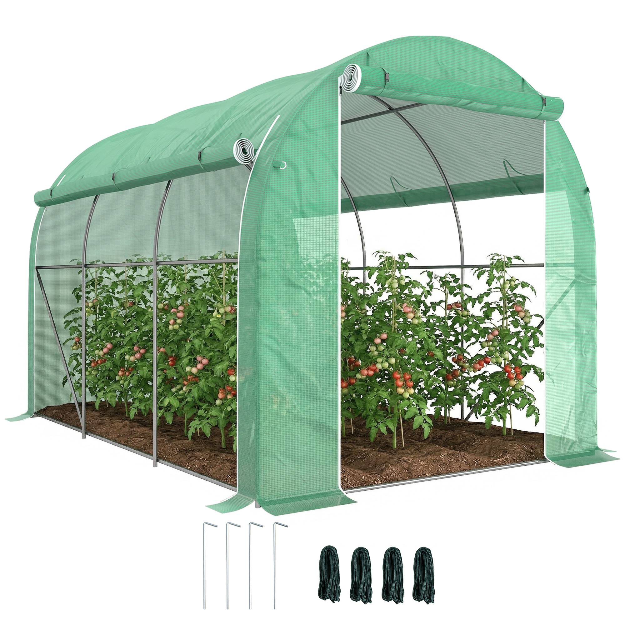Serre tunnel de jardin 6 m² 3 x 2 m avec 1 porte + 2 parois latérales zippées enroulables, 6 fenêtres, vert - Image 1