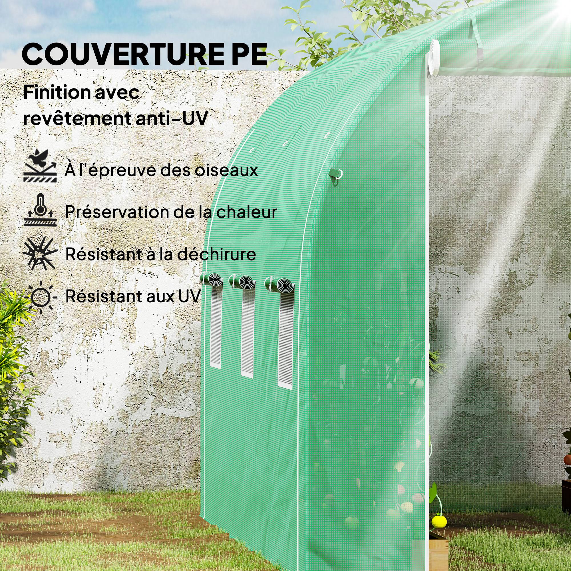 Serre tunnel de jardin 6 m² 3 x 2 m avec 1 porte + 2 parois latérales zippées enroulables, 6 fenêtres, vert - Image 6