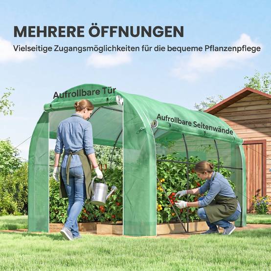 Serre tunnel de jardin 6 m² 3 x 2 m avec 1 porte + 2 parois latérales zippées enroulables, 6 fenêtres, vert - Image 7