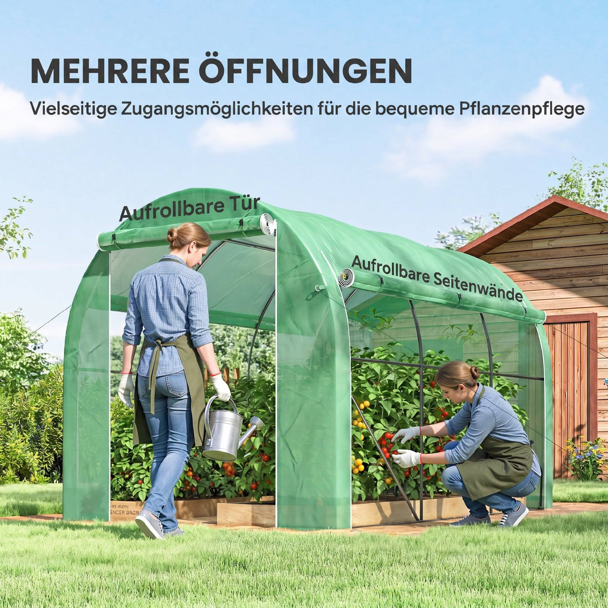 Serre tunnel de jardin 6 m² 3 x 2 m avec 1 porte + 2 parois latérales zippées enroulables, 6 fenêtres, vert - Image 7